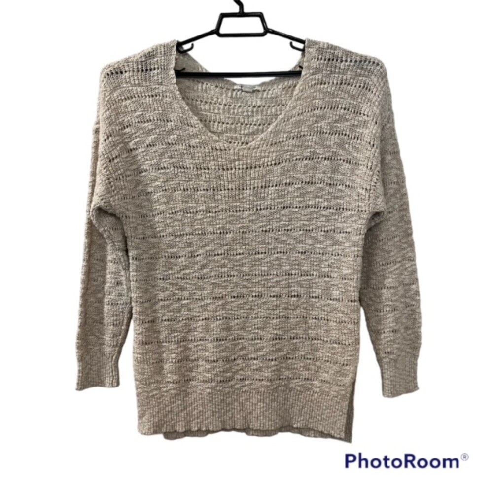 American Eagle Womens Beige Crochet Vneck LS Ribbed Hem Side Slit Sweater Size S